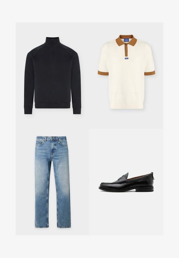 Pull noir à manches longues avec demi-fermeture éclair devant, col montant, poignets et bas côtelés, présenté sur fond blanc.; Polo en maille crème à manches courtes avec col et poignets marron, deux boutons et étiquette de marque bleue "HUGO" sur la poitrine et le col.; Jean denim bleu clair à coupe droite avec cinq poches et fermeture bouton sur un fond uni.; Mocassin homme en cuir noir avec couture moc toe, bride penny, col texturé et petit talon empilé sur fond blanc.