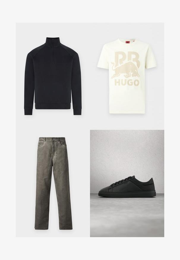 Pull noir à manches longues avec demi-fermeture éclair devant, col montant, poignets et bas côtelés, présenté sur fond blanc.; T-shirt blanc à manches courtes avec un graphisme de taureau beige en train de charger, de grandes lettres "RB" et le texte "HUGO" sur le devant.; Pantalon gris à jambes droites en tissu de coton doux avec une texture lisse. Comprend des poches avant et une fermeture à bouton.; Baskets basses en cuir noir avec lacets et logo "BOSS" flottant au-dessus d'un sol en béton lisse près de blocs de verre.