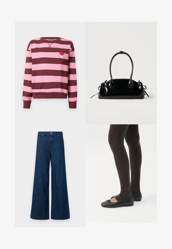 Bordeaux og lyserød stribet sweater med rund hals og ribbede manchetter. Har et broderet rødt læbe-logo med teksten "PARIS STUDIO".; Blå, vidde denim jeans med frontlukning med knap, bæltestropper og fem-lommers design på en hvid baggrund.; Ben iført mørke ribbede leggings kombineret med sorte balletsko med små sløjfedetaljer på hvid baggrund.; Lille sort blank håndtaske med to lange håndtag og snøre-detaljer i siden på en ensfarvet lys baggrund.