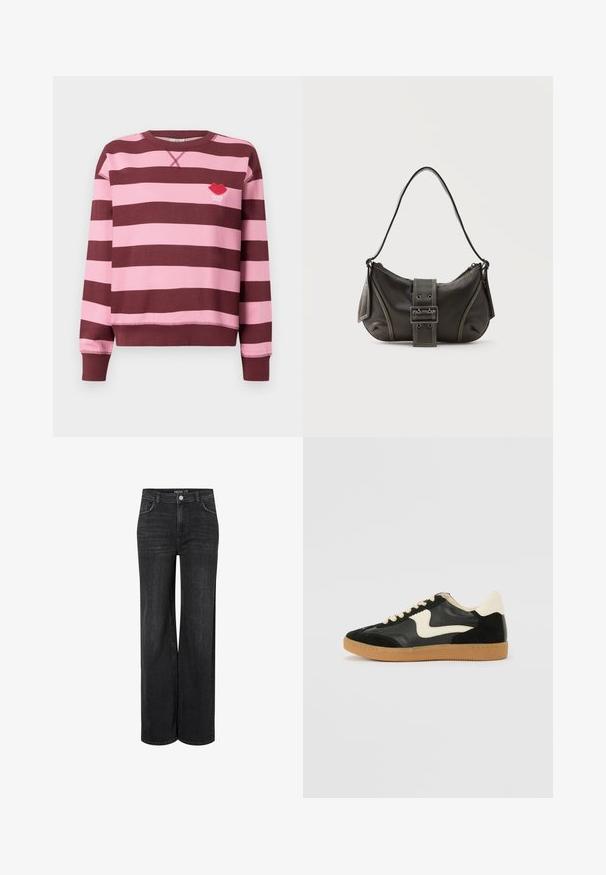 Bordeaux og lyserød stribet sweater med rund hals og ribbede manchetter. Har et broderet rødt læbe-logo med teksten "PARIS STUDIO".; Bredde ben sorte denimjeans med et klassisk fem-lomme design, frontknaplukning og subtile syninger.; Sorte ruskinds- og lædersneakers med en cremefarvet side-swoosh og lys cremefarvet hæl. Har beige snørebånd og en gummirubber-sål.; Sort læder skuldertaske med spænde på remmen, afrundede kanter og kontrasterende hvide syninger på en ensfarvet baggrund.