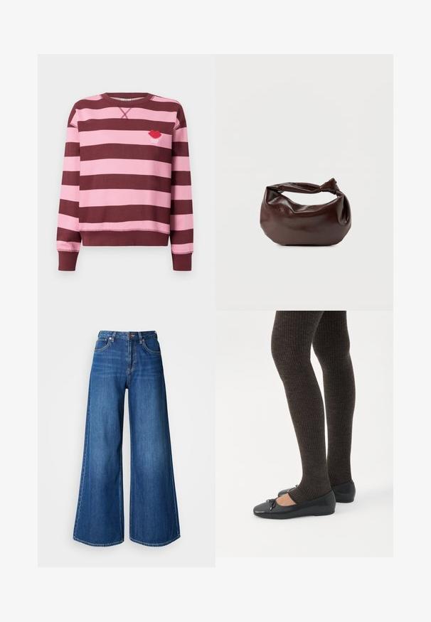 Bordeaux og lyserød stribet sweater med rund hals og ribbede manchetter. Har et broderet rødt læbe-logo med teksten "PARIS STUDIO".; Blå viddeben jeans lavet af denim. Har høj talje, rene linjer og kontrastsyninger. Benene flæner markant ud ved kanten.; Ben iført mørke ribbede leggings kombineret med sorte balletsko med små sløjfedetaljer på hvid baggrund.; Mørkebrun læder skuldertaske med en blød, afslappet form og et snoet knudehåndtag på en ensartet hvid baggrund.