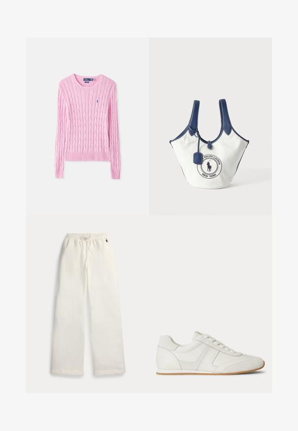 Pull rose en maille torsadée à manches longues avec col rond et petit logo bleu brodé sur la poitrine.; Pantalon de survêtement blanc à jambes larges avec taille élastique, cordon, poches latérales et petit logo bleu marine près de la poche droite.; Baskets basses blanches avec laçage à l'avant, panneaux en daim et cuir, et une semelle en caoutchouc marron clair sur fond blanc.; Sac cabas en toile blanche avec poignées et bordure bleu marine, avec un patch logo Ralph Lauren à l'avant et une petite étiquette suspendue.