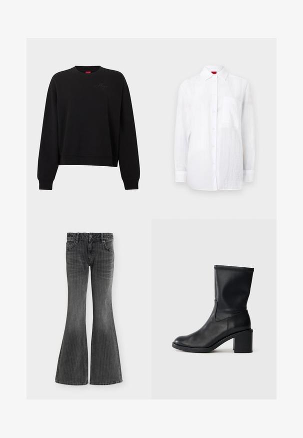 Sweat-shirt noir à manches longues avec col rond, poignets et ourlet côtelés, comportant un logo "Hugo" embossé subtil sur la poitrine.; Chemise blanche à manches longues en tissu léger, avec un devant à boutons, un col et une poche poitrine sur le côté gauche. Fini texturé subtil.; Jean en denim noir avec fines rayures verticales, poches avant, fermeture par boutons et jambes larges évasées.; Botte en cuir noir à cheville avec un bout rond, texture lisse et un talon épais, présentant un tige ajustée et un subtil détail de couture.