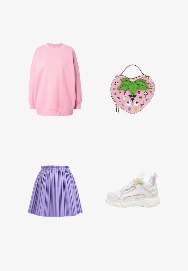 Roze sweatshirt met een losse pasvorm, ronde hals en verlaagde schouders. Heeft een klein geborduurd logoblad. Gemaakt van zacht katoen.; Paarse plissé rok met een elastische tailleband, gemaakt van gladde stof, met verticale plooien en een korte lengte.; Witte chunky sneaker met pastelgroene, roze, gele en paarse accenten en dikke, getextureerde zool, zijaanzicht.; Hartvormige roze handtas met groene blaadjes bovenop en verschillende kleurrijke cartoonpatches, waaronder ogen, een lieveheersbeestje en emoji's.