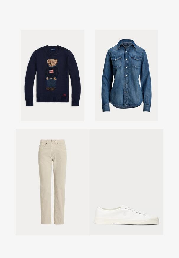 Marineblå strikket sweater med bamse iført jeans og sort sweater med amerikansk flag, røde "RL" initialer på nederste kant.; Langærmet blå denimskjorte med perleknapper, to brystlommer med klap og spids krave fra Polo Ralph Lauren.; Beige, lige-benede fløjlsbukser med bæltestropper, frontknap, lynlås og frontlommer.; Hvide lærredssneakers med rund tå, snørelukning og diskret logo-detalje. Har en tekstureret overflade og gummisål.