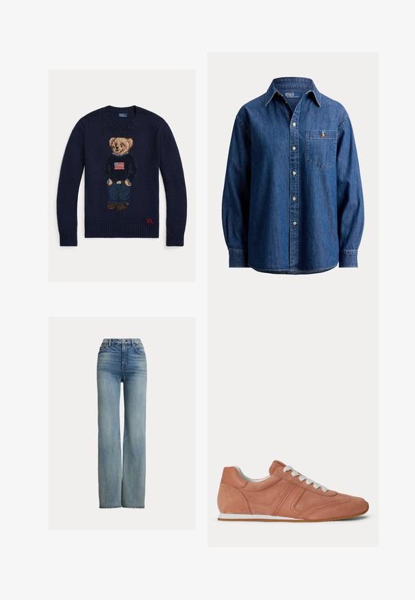 Marineblå strikket sweater med bamse iført jeans og sort sweater med amerikansk flag, røde "RL" initialer på nederste kant.; Langærmet blå denim-knap-op skjorte med brystlomme med en lille broderet logo på venstre side.; Højtaljede, lige ben blå jeans med forlommer, bæltestropper og knaplukning, der har subtile slidte detaljer.; Lavprofileret støvet lyserød sneaker med hvide snørebånd, syet design og tynd hvid sål med tan gummiydersål.