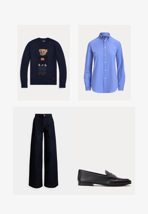 Navy blue knit sweater with teddy bear wearing jeans and black sweater with American flag, red "RL" initials on bottom hem.; Blue long-sleeve button-up shirt with a classic collar and small embroidered logo on the left cuff.; Wide-leg dark denim jeans with a high waist, front pleats, contrasting orange stitching, and a button closure at the waist.; Black textured leather loafer with low heel and classic penny strap detail, shown in side profile on a plain light background.
