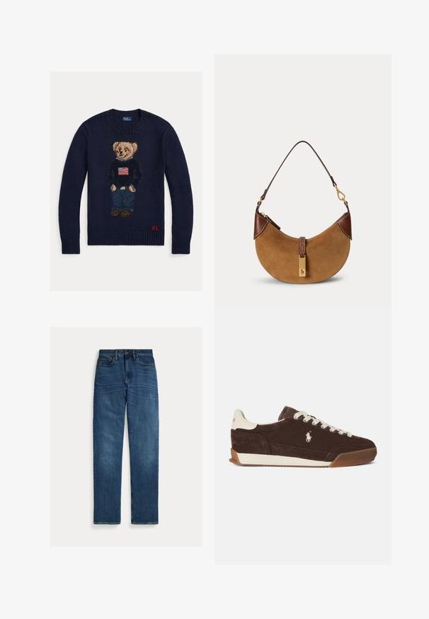 Marineblå strikket sweater med bamse iført jeans og sort sweater med amerikansk flag, røde "RL" initialer på nederste kant.; Straight-leg blå denim jeans med fem lommer, knaplukning og subtil falmning på lår og knæ, lagt fladt på hvid baggrund.; Brun ruskindsneaker med hvide snørebånd, en kontrasterende hvid hæl, gummisål og et broderet logo på siden. Klassisk lavt design.; Brun ruskind halv-måne taske med mørkebrune læderdetaljer, guldfarvet hardware og kort skulderrem.