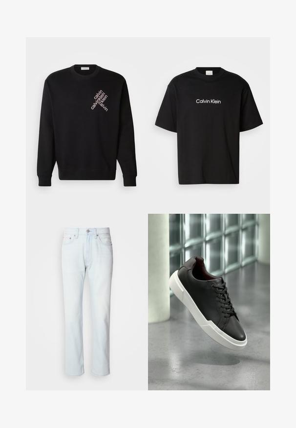 Sort sweatshirt lavet af bomuld, med rund hals og lange ærmer. Bemærkelsesværdig diagonalt lys pink tekstlogo på fronten.; Sort bomulds T-shirt med korte ærmer, der har et hvidt "Calvin Klein" logo på fronten og en klassisk rund halsudskæring.; Lyseblå denimjeans med lige ben. Har en knaplukning og bæltestropper, viser en falmet tekstur og minimal syning.; Sort lædersneaker med tyk hvid sål, sorte snørebånd, svævende over en grå beton gulv nær en væg med glasblokke.