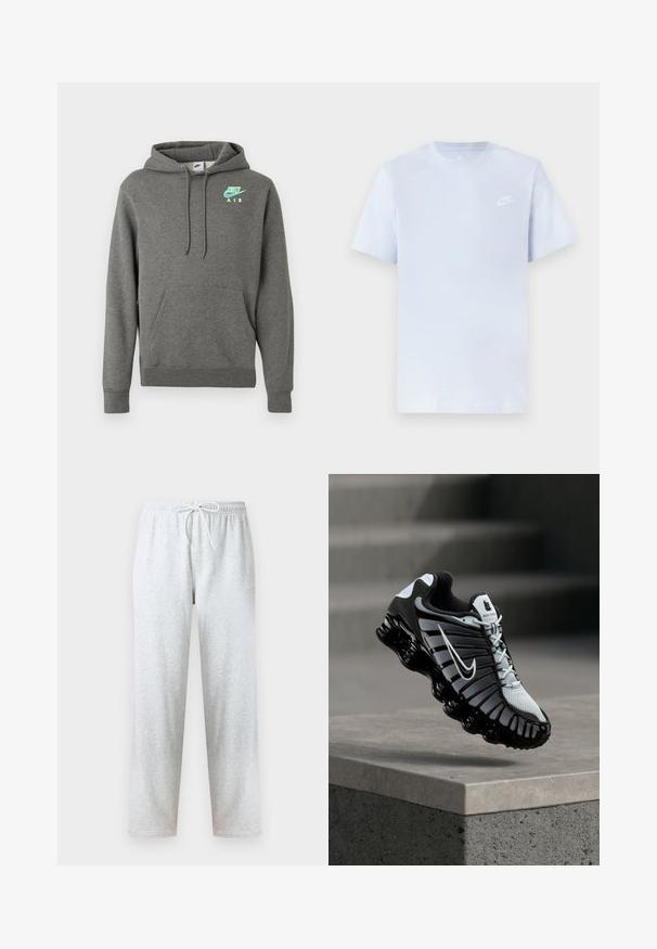 Tumedashalline Nike Air kapuutsiga särk, millel on ees tasku ja neoonsinine ja -kollane logo vasakul rinnal, esitatud valgel taustal.; Hele sinine puuvillane t-särk lühikeste varrukatega, ümar kaelus ja valge Nike logo trükituna vasakul rinnal. Sile tekstuur, lihtne disain.; Hallid dressipüksid, mis on valmistatud pehmest kangast, millel on elastne vöökoht paelaga ja sirged sääred. Muster või aktsendid puuduvad.; Mustvalge Nike jooksujalats, mis ripub betoonpinna kohal, taustal treppidega kivisein.