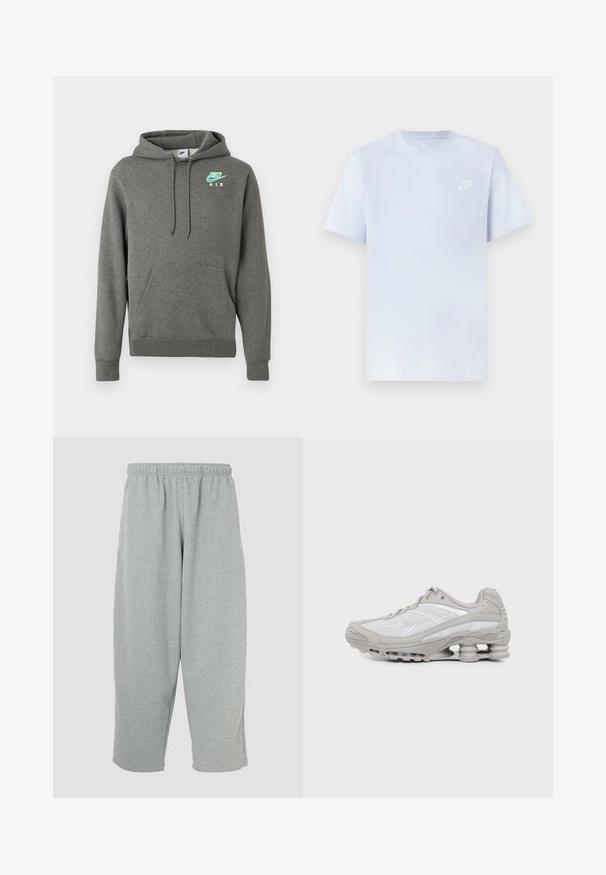 Hoodie Nike Air gris foncé avec poche kangourou à l'avant et logo néon bleu et jaune sur la poitrine gauche, présenté sur un fond blanc.; T-shirt en coton bleu clair avec des manches courtes, col rond, et un logo Nike blanc imprimé sur la poitrine gauche. Texture lisse, design simple.; Pantalon de survêtement gris clair avec une ceinture élastique, une coupe fuselée des jambes et une texture douce. Aucun logo ou motif visible.; Baskets de sport grises et blanches avec semelle à coussin d'air visible et panneaux en mesh, présentées de profil sur un fond clair uni.