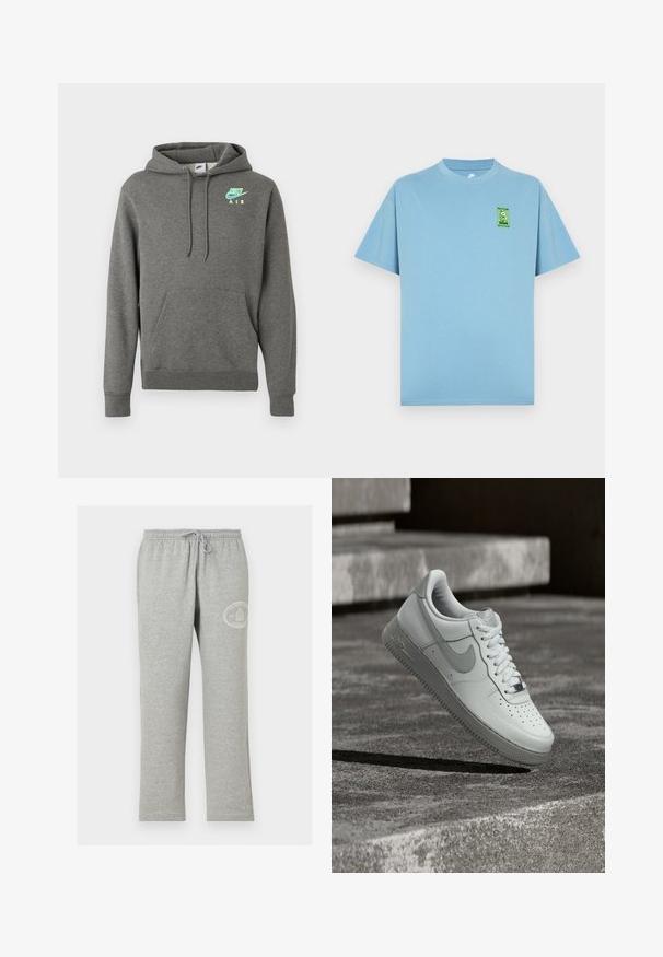 Tumedashalline Nike Air kapuutsiga särk, millel on ees tasku ja neoonsinine ja -kollane logo vasakul rinnal, esitatud valgel taustal.; Helehall sinine puuvillane T-särk ümmarguse kaelusega ja lühikeste varrukatega, millel vasakul rinnal roheline koomiks-logo plaaster.; Hallid dressipüksid elastse vöökohaga ja nööriga, millel on väike valge ümmargune logo vasaku reie ülaosas.; Valge Nike Air Force 1 tossujalg õhus tekstureeritud betoonpinna kohal, taustal kivist trepiastmed.