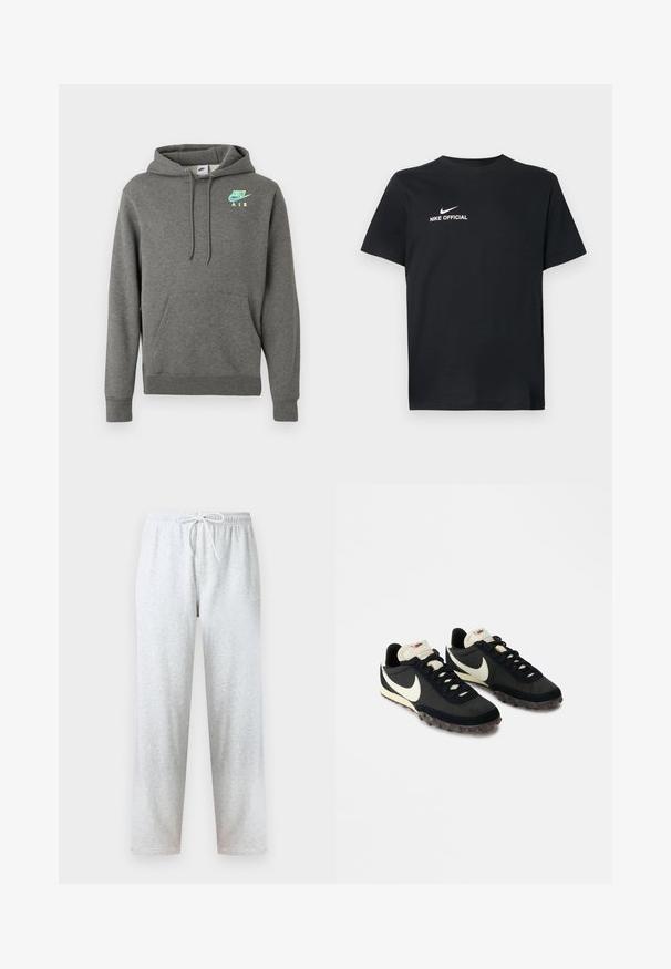Hoodie Nike Air gris foncé avec poche kangourou à l'avant et logo néon bleu et jaune sur la poitrine gauche, présenté sur un fond blanc.; T-shirt en coton noir avec un col rond. Présente un logo Nike blanc et le texte "NIKE OFFICIAL" à l'avant. Manches courtes.; Pantalon de survêtement gris en tissu doux, avec une taille élastique et un cordon de serrage, jambes droites. Aucun motif ni accent visible.; Chaussures de sport noires avec une tige texturée, logo swoosh blanc et semelle en caoutchouc dotée de petits crampons pour une meilleure traction. Col de couleur crème.