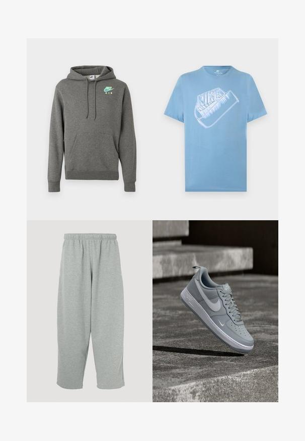 Tmavošedá mikina Nike Air s prednou vreckom a neonovo modrým a žltým logom na ľavej hrudi, vystavená na bielom pozadí.; Svetlomodré krátke tričko s krátkym rukávom značky Nike s veľkým štýlovo spracovaným bielym logom Nike a grafikou swoosh na hrudi.; Svetlosivé tepláky s elastickým pásom, zúženým strihom nohavíc a mäkkou textúrou. Bez viditeľného loga alebo vzorov.; Šedý teniska Nike Air Force 1 s bielym logom swoosh, vznášajúci sa nad textúrovaným betónovým povrchom a schodmi v pozadí.
