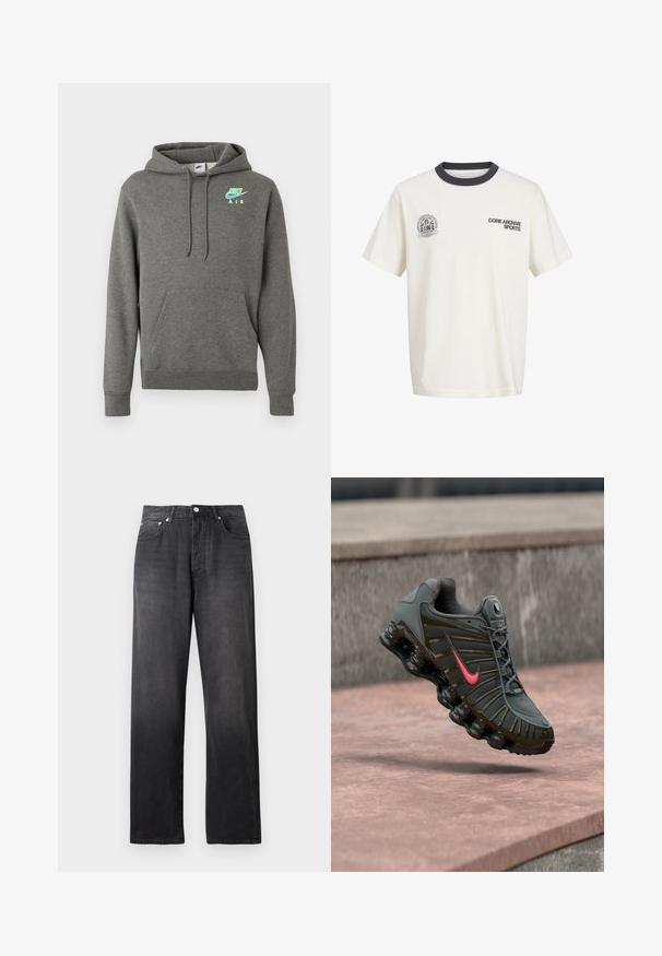 Dunkelgrauer Nike Air Hoodie mit frontaler Kängurutasche und neonblauem sowie -gelbem Logo auf der linken Brust, präsentiert vor weißem Hintergrund.; Weißes T-Shirt mit kurzen Ärmeln und schwarzem Rundhalsausschnitt, mit dem Schriftzug "CORE ARCHIVE SPORTS" auf der rechten Brust und dem runden "CORESPORT"-Logo auf der linken Brust.; Schwarze hochgeschnittene Straight-Leg-Jeans mit Vorderknopf und Reißverschluss, zwei vorderen Taschen und subtilen Ausbleichungen.; Dunkelgrauer Nike-Laufschuh mit rotem Swoosh und segmentierter, gepolsterter Sohle, der über steinernen Stufen schwebt.