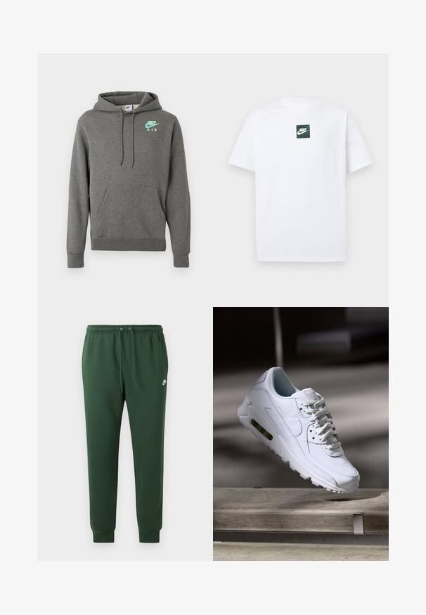 Tmavošedá mikina Nike Air s prednou vreckom a neonovo modrým a žltým logom na ľavej hrudi, vystavená na bielom pozadí.; Biele krátke tričko s krátkym rukávom od Nike s malým zeleným štvorcovým logom, ktoré obsahuje logo Nike Swoosh a text umiestnený v strede na hrudi.; Tmavozelené tepláky Nike s elastickým pásom, sťahovacou šnúrkou, manžetami na členkoch a malým bielym logom Nike na ľavom stehne.; Biele kožené tenisky s textúrovanými povrchmi, polstrovaným golierom a viditeľným vzduchovým odpružením v podrážke. Majú šnúrky a minimalistický dizajn.