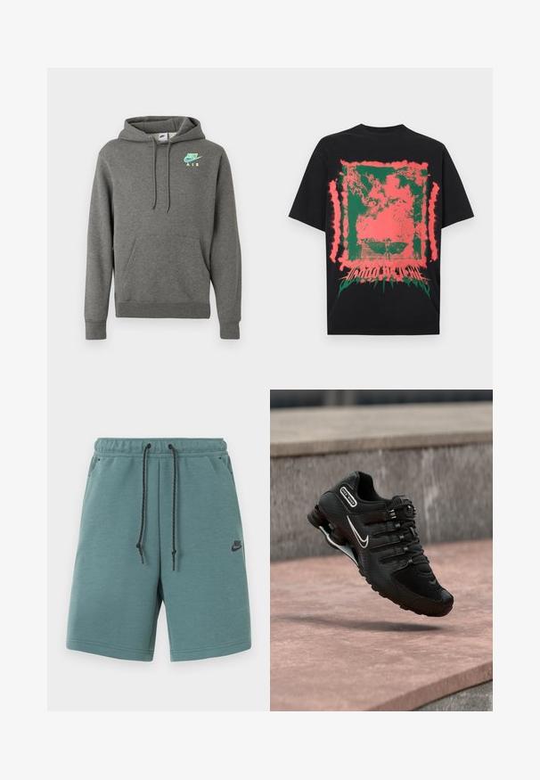 Dunkelgrauer Nike Air Hoodie mit frontaler Kängurutasche und neonblauem sowie -gelbem Logo auf der linken Brust, präsentiert vor weißem Hintergrund.; Schwarzes T-Shirt mit abstraktem grünem und pink gesprenkeltem Quadrat-Design und verzerrtem Text unten in der Mitte.; Nike-Shorts in Türkis mit schwarzem Kordelzug, elastischem Bund, Seitentaschen und kleinem schwarzem Nike-Logo am linken Oberschenkel.; Schwarzer Nike Shox Laufschuh mit weißem Swoosh-Logo, in der Luft über einer rosafarbenen Betonfläche vor einem grauen Steinmauer-Hintergrund.