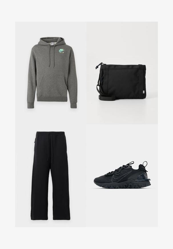Donkergrijze Nike Air hoodie met een voorzak en een neonblauwe en gele logo op de linkerborst, weergegeven op een witte achtergrond.; Zwarte joggingbroek van zacht materiaal, met een verstelbare tailleband, een wijdere broekspijpenontwerp en zijzakken met een gladde textuur.; Zwarte sportieve schoen met een ademende bovenkant van mesh, gestructureerde accenten en een golvende rubberen zool. Heeft een reflecterende logo en vetersysteem.; Zwarte stoffen schoudertas met een gestructureerde buitenkant, verstelbare schouderband en trekkoordsluiting. Voorzien van gedurfde stiksels en een zijlabel.