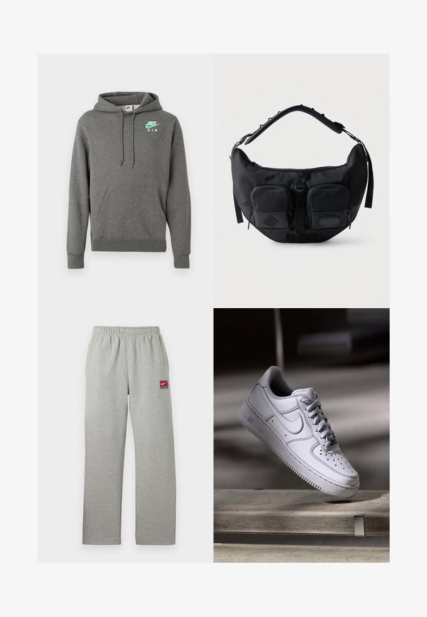 Dunkelgrauer Nike Air Hoodie mit frontaler Kängurutasche und neonblauem sowie -gelbem Logo auf der linken Brust, präsentiert vor weißem Hintergrund.; Graue Jogginghose mit elastischem Bund, geradem Schnitt und einem kleinen rot-weißen Nike-Logo-Patch auf der linken Seite. Weiche Textur.; Weißer Nike Air Force 1 Sneaker aus Leder mit perforierter Zehenpartie, flachen Schnürsenkeln und strukturierter Gummisohle mit "AIR"-Branding an der Seite.; Schwarze, sichelförmige Schultertasche mit gepolstertem, verstellbarem Riemen und zwei vorderen Reißverschlusstaschen mit Zuglaschen.