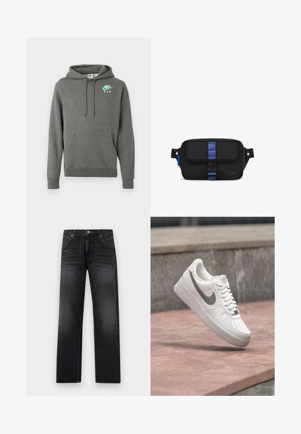 Tummanharmaa Nike Air -huppari, jossa on etupuolella tasku ja neon sininen sekä keltainen logo vasemmalla rinnalla, esillä valkoista taustaa vasten.; Miesten suoralahkeiset mustat farkut, joissa haalistettua yksityiskohtaa, edessä nappikiinnitys ja etuosan sivutaskut.; Valkoinen Nike Air Force 1 -tennari, jossa harmaa swoosh-logo, leijuu kiven päällä kiven harmaan seinän taustalla.; Musta kangaskassi suorakulmaisen muotoilun kanssa, jossa on sininen hihna ja lukko, sivuinen lenkki ja kohokuvioitu logo etupuolella.