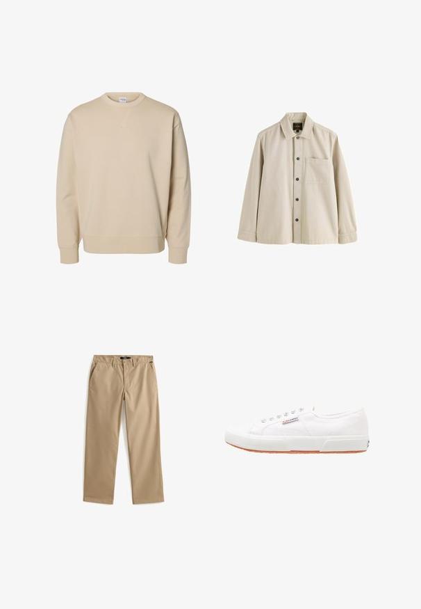 Sudadera beige con cuello redondo, mangas largas, puños y bajo acanalados, y un pequeño detalle en forma de V cosido debajo del cuello.; Camisa beige de manga larga con botones, cuello y un bolsillo en el pecho, hecha de una tela resistente.; Pantalones beige de pierna recta con cierre de botón y cremallera, trabillas para cinturón y bolsillos laterales, colocados planos sobre un fondo blanco.; Zapatillas de lona blancas con suela de goma, diseño de cordones y una pequeña etiqueta con el logo en el lateral. Parte superior texturizada blanca y suela marrón.