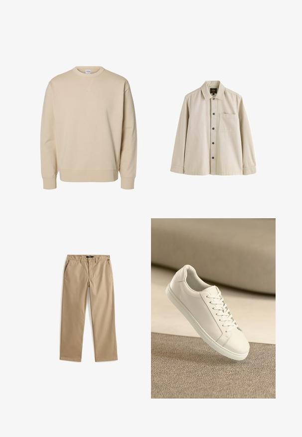 Beige sweater met ronde hals, lange mouwen, geribde boorden en zoom, en een klein gestikt V-detail onder de kraag.; Beige overhemd met lange mouwen, knopen, een kraag en één borstzak, gemaakt van stevig stof.; Beige recht gesneden chino's van lichtgewicht katoen. Voorzien van twee voorzakken en een knoopsluiting. Gladde textuur, minimale details.; Witte leren sneaker met witte veters, weergegeven op een beige textuurovervlak en een zacht vervaagd achtergrond.