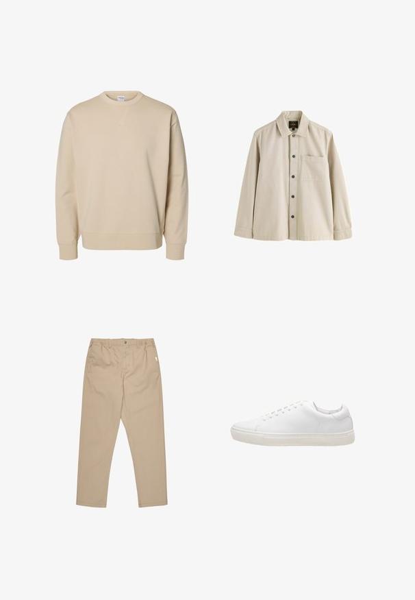 Sudadera beige con cuello redondo, mangas largas, puños y bajo acanalados, y un pequeño detalle en forma de V cosido debajo del cuello.; Camisa beige de manga larga con botones, cuello y un bolsillo en el pecho, hecha de una tela resistente.; Pantalones caqui confeccionados en tejido ligero, con corte recto, cierre de botón y bolsillos laterales. Textura suave con un detalle mínimo.; Zapatilla de cuero blanco con textura suave, puntera redonda, cierre de cordones y suela de goma plana. Diseño minimalista sin patrones visibles.