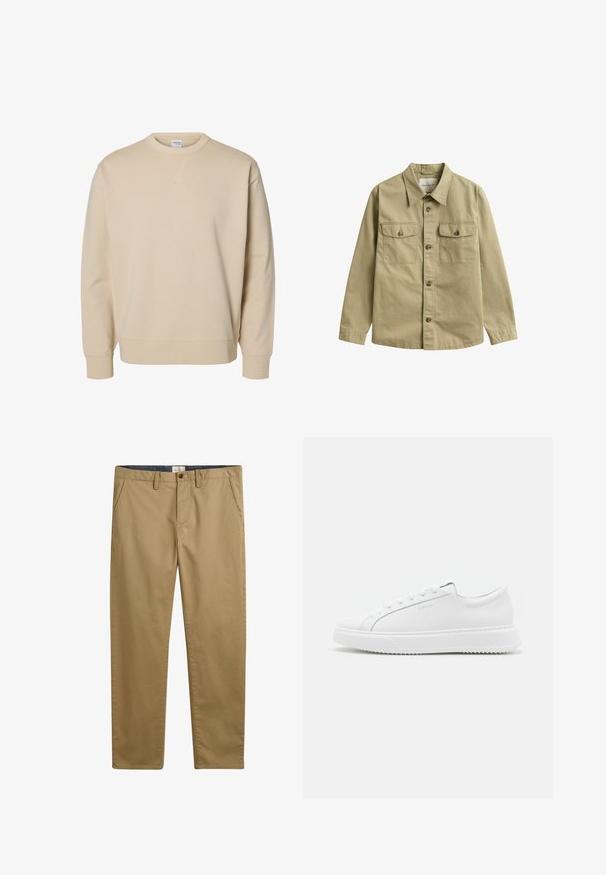 Sudadera beige con cuello redondo, mangas largas, puños y bajo acanalados, y un pequeño detalle en forma de V cosido debajo del cuello.; Camisa de manga larga color caqui con botones, cuello y dos bolsillos frontales con solapa y botón.; Pantalones de algodón color caqui con corte recto, que cuentan con bolsillos laterales, cierre de botón y una tela texturizada.; Zapatillas blancas hechas de material sintético suave. Presentan un diseño de caña baja, suela blanca elevada, punta redondeada y cordones en la parte frontal con cinco ojetes.