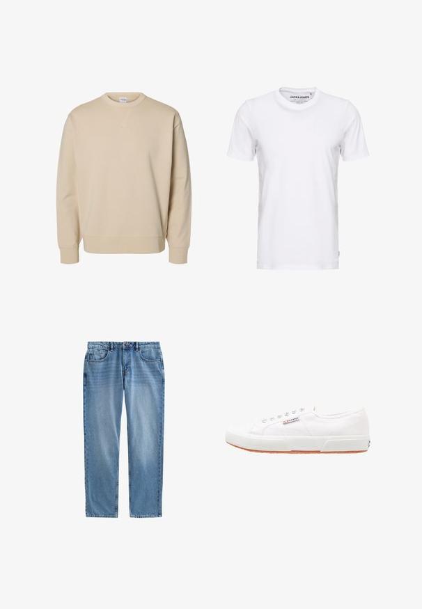 Sudadera beige con cuello redondo, mangas largas, puños y bajo acanalados, y un pequeño detalle en forma de V cosido debajo del cuello.; Camiseta de manga corta blanca, hecha de algodón, con cuello redondo y un diseño sencillo. Etiqueta de la marca visible en la zona del cuello. Sin patrones ni detalles.; Jeans de mezclilla azul claro con corte recto, diseño de cinco bolsillos, costuras visibles y cremallera. Sin desgastes ni patrones presentes.; Zapatillas de lona blancas con suela de goma, diseño de cordones y una pequeña etiqueta con el logo en el lateral. Parte superior texturizada blanca y suela marrón.