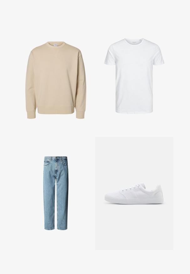 Sudadera beige con cuello redondo, mangas largas, puños y bajo acanalados, y un pequeño detalle en forma de V cosido debajo del cuello.; Camiseta de manga corta y cuello redondo en blanco sólido, fabricada en algodón suave, presenta un diseño simple sin patrones ni acentos visibles.; Vaqueros de mezclilla azul claro con un corte relajado, que presentan una cintura alta, costuras de contraste y un ligero desgaste en la parte frontal.; Zapatillas de lona blancas con suela de goma, que cuentan con seis ojales, una puntera texturizada y un diseño minimalista.