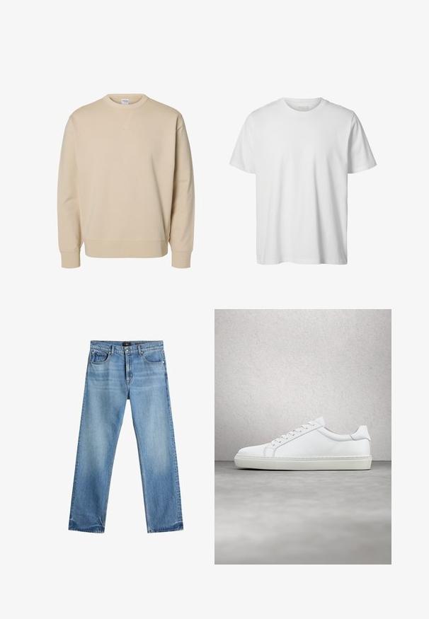 Beiges Sweatshirt mit Rundhalsausschnitt, langen Ärmeln, gerippten Bündchen und Saum sowie einem kleinen aufgenähten V-Detail unter dem Kragen.; Schlichtes weißes T-Shirt mit kurzen Ärmeln und Rundhalsausschnitt, lässiger Passform und ohne sichtbare Logos oder Designs auf der Vorderseite.; Hellblaue gerade Jeans aus Denim. Zu den Merkmalen gehören ein Reißverschluss, fünf Taschen und eine leichte Ausbleichung an der Vorder- und Rückseite.; Weißer Sneaker mit glattem Lederobermaterial und niedrigem Profil. Verfügt über eine runde Zehenpartie, sechs Ösen und eine strukturierte Gummisohle.