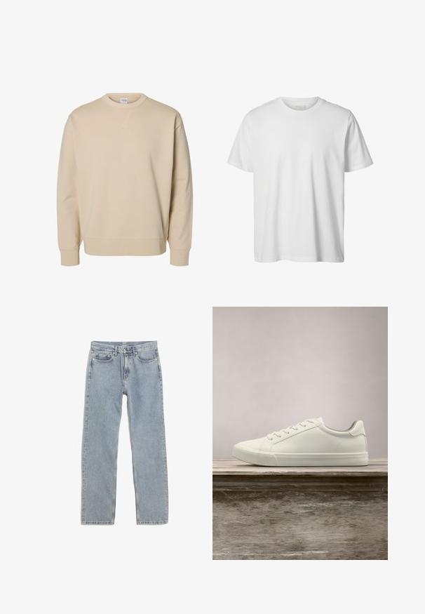 Sudadera beige con cuello redondo, mangas largas, puños y bajo acanalados, y un pequeño detalle en forma de V cosido debajo del cuello.; Camiseta blanca lisa de manga corta con cuello redondo, corte holgado y sin logos o diseños visibles en el frente.; Jeans rectos de mezclilla azul claro, con cinco bolsillos, costuras doradas y una cintura con trabillas para cinturón.; Zapatilla blanca con cordones flotando sobre un banco de madera con follaje verde al fondo, mostrando el diseño y la textura del zapato.