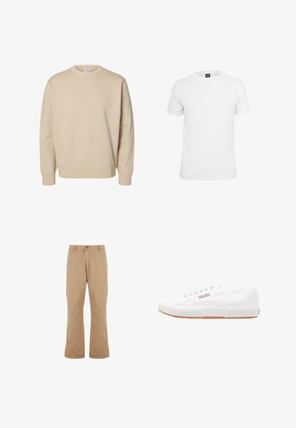 Beige crewneck sweatshirt med lange ærmer, ribstrikkede manchetter og kant samt en lille syet V-detalje under kraven.; Hvid kortærmet t-shirt, lavet af bomuld, med en klassisk rund hals og en glat tekstur, designet til afslappet brug.; Beige bomuldsbukser med lige pasform, der har knaplukning, forlommer og en glat tekstur.; Hvide kanvas sneakers med gummisål, snørebåndsdesign og et lille logo mærke på siden. Tekstureret hvid overdel og brun ydersål.