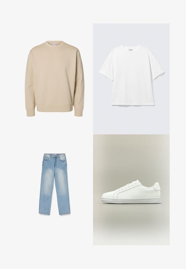 Sudadera beige con cuello redondo, mangas largas, puños y bajo acanalados, y un pequeño detalle en forma de V cosido debajo del cuello.; Camiseta blanca de gran tamaño con mangas cortas, cuello redondo y hombros caídos, plana sobre fondo gris claro.; Vaqueros de pierna recta azul claro con lavado desteñido, cierre frontal con botón y cremallera, y diseño de cinco bolsillos.; Zapatilla blanca de caña baja con cordones al frente y suela de goma texturizada sobre un fondo neutro y sencillo.