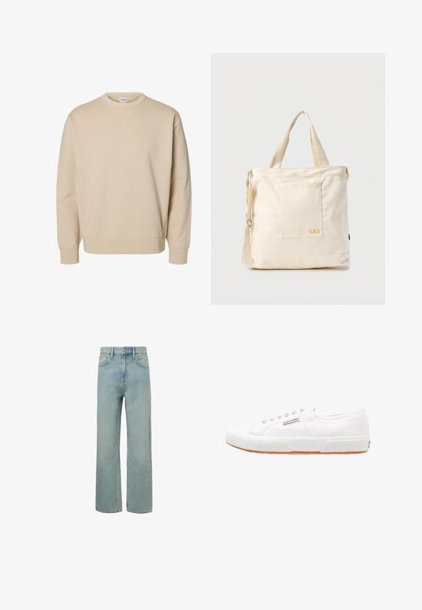 Beiges Sweatshirt mit Rundhalsausschnitt, langen Ärmeln, gerippten Bündchen und Saum sowie einem kleinen aufgenähten V-Detail unter dem Kragen.; Helle blaue Denim-Jeans mit weitem Bein, hoher Taille und klassischem Fünf-Taschen-Stil. Verfügt über dezente Ausbleichungen und einen sauberen Saum.; Weiße Leinensneaker mit Gummisohle, Schnürdesign und einem kleinen Logolabel an der Seite. Strukturierte weiße Oberseite und braune Außensohle.; Beige Canvas-Shopper mit Fronttasche, zwei Griffen, verstellbarem Schulterriemen und kleinem gelbem "O.N.S"-Text unten rechts auf der Tasche.