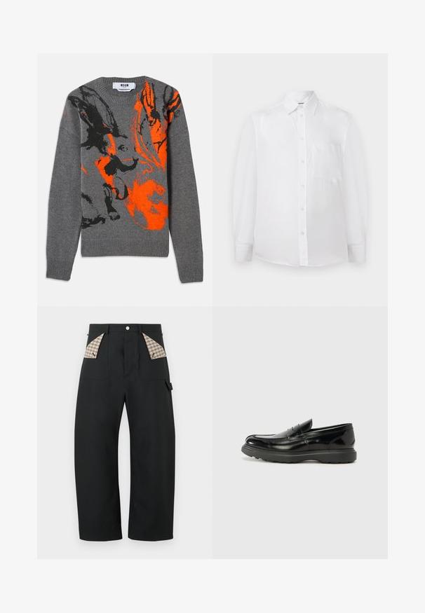 Grå strikket sweater med et kontrasterende orange og sort abstrakt design. Rund hals og ribbede manchetter og kant. Blød tekstur.; Hvid skjorte med knapper og krave samt brystlomme, med lange ærmer, vist forfra på hvid baggrund.; Sorte bukser med vide ben og høj talje, forlommer foret med beige ternet stof, knaplukning og lille løkke-detalje på højre side.; Sort læderloafer med en blank finish, rund tå, subtile syninger og en tyk gummisål for holdbarhed.