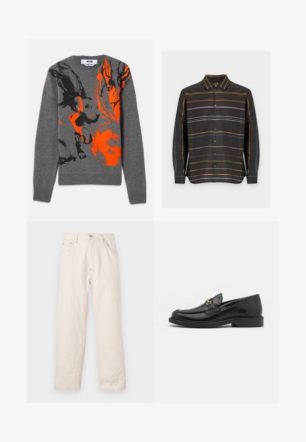 Pull en tricot gris avec un design abstrait contrasté en orange et noir. Encolure ronde et poignets et ourlet côtelés. Texture douce.; Chemise noire à manches longues et boutonnée, avec de fines rayures horizontales orange, violette, bleue et vert olive sur le devant et les manches.; Jean droit beige en denim, avec une fermeture à boutons, cinq poches et des détails de couture visibles. Texture lisse.; Mocassins en cuir noir avec un embout rond, présentant des accents en métal doré et des détails de couture, montés sur une semelle en caoutchouc texturé et basse.