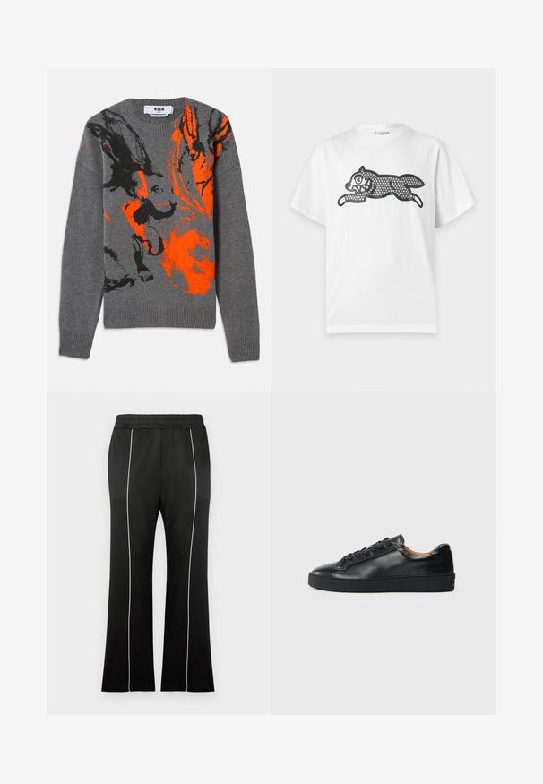 Pull en tricot gris avec un design abstrait contrasté en orange et noir. Encolure ronde et poignets et ourlet côtelés. Texture douce.; T-shirt blanc à manches courtes avec un dessin stylisé noir d’un animal sautant composé de petits motifs circulaires sur le devant.; Pantalon de sport noir avec une taille cintrée, doté de bandes blanches sur les côtés et d'une coupe évasée aux jambes. Fabriqué en tissu doux et extensible.; Baskets en cuir noir avec une texture lisse, bout rond et fermeture à lacets. Comprend une semelle en caoutchouc épaisse et un minimum de détails de marque.