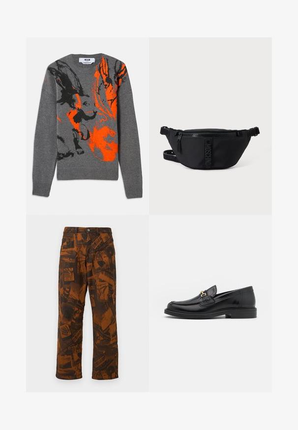 Grå strikket sweater med et kontrasterende orange og sort abstrakt design. Rund hals og ribbede manchetter og kant. Blød tekstur.; Brune mønstrede bukser med et collage af mørke designs, flagrende benform, standard knap- og lynlåslukning samt fem-lomme stil.; Sorte læder loafers med en rund tå, der har guld hardware accent og syningsdetaljer, placeret på en lav, tekstureret gummisål.; Sort Moschino bæltetaske med frontlynlås og justerbar rem på en ensfarvet lys baggrund.