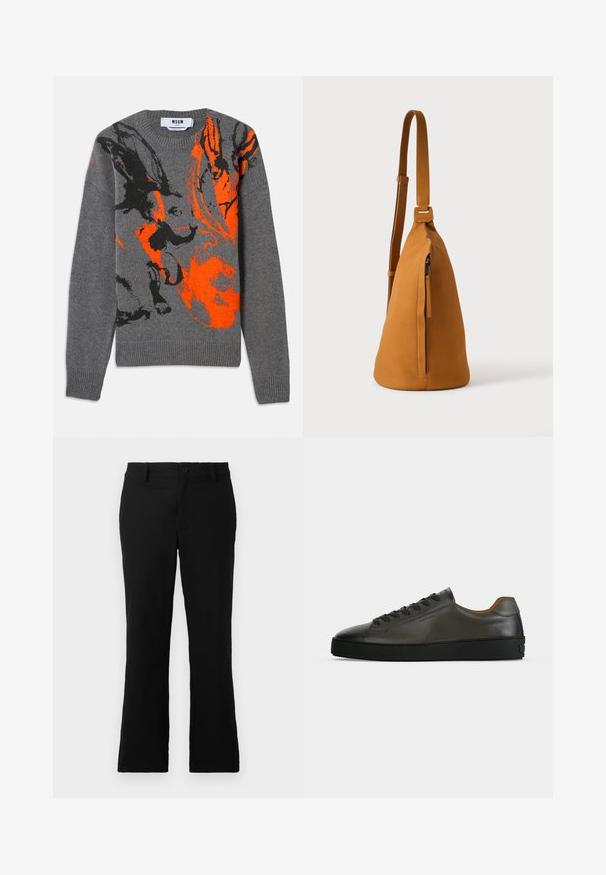 Grå strikket sweater med et kontrasterende orange og sort abstrakt design. Rund hals og ribbede manchetter og kant. Blød tekstur.; Sorte flagrende bukser lavet af en blanding af bomuldsstof, med knaplukning, bælteløkker og en glat tekstur uden synlige mønstre.; Lavtskåret mørkegrå læder sneaker med sorte snørebånd og sål, minimalistisk design, sideprofil på en ensfarvet lys baggrund.; Tan læder crossbodytaske med justerbar rem og lodret lynlåslomme, vist fra siden mod en ensfarvet lys baggrund.