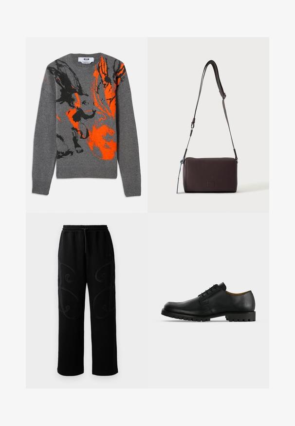 Grå strikket sweater med et kontrasterende orange og sort abstrakt design. Rund hals og ribbede manchetter og kant. Blød tekstur.; Sorte joggingbukser med en afslappet pasform, der har intrikate spiralmønstre i syningerne langs siderne samt en elastisk talje med snoretræk.; Sort lædersko med snørebånd, tyk rillede sål og lav hæl vist på en hvid baggrund.; Mørkebrun textured læder crossbody taske med justerbar rem og lille dekorativ blå accent på siden.