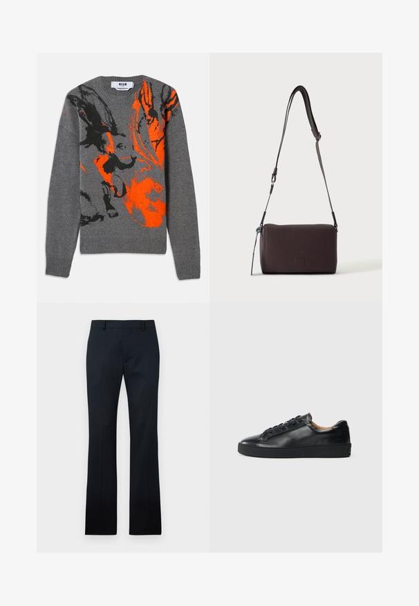 Grå strikket sweater med et kontrasterende orange og sort abstrakt design. Rund hals og ribbede manchetter og kant. Blød tekstur.; Sorte bukser med lige ben, bæltestropper og lynlås foran, vist fladt på en lys baggrund.; Sorte lædersneakers med en glat overflade, rund tå og snørebåndslukning. Har en tyk gummisål og minimal branddetalje.; Mørkebrun textured læder crossbody taske med justerbar rem og lille dekorativ blå accent på siden.