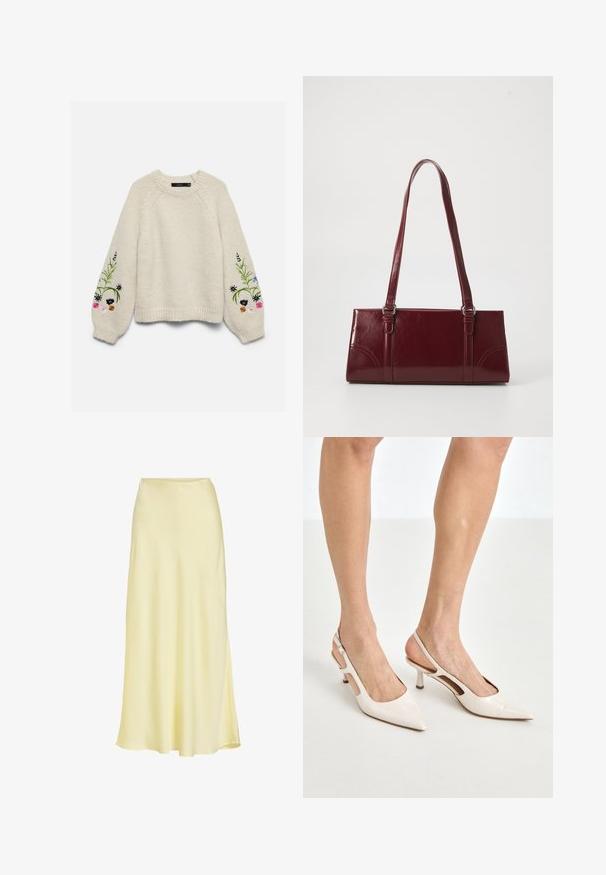Pull en maille crème avec de longues manches bouffantes présentant des motifs floraux brodés colorés près des poignets.; Jupe longue en satin jaune pâle avec une légère évasement et une texture lisse, présentée sur fond blanc.; Escarpins à talon slingback en cuir verni beige avec un bout pointu et un talon de 5 cm, présentant des côtés découpés et une fine bride à la cheville.; Sac à main bordeaux en matériau brillant, de forme rectangulaire, avec deux anses et des accents légèrement courbés à l'avant.