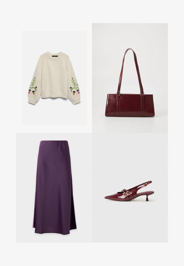 Pull en maille crème avec de longues manches bouffantes présentant des motifs floraux brodés colorés près des poignets.; Jupe longue violette unie avec une légère fente sur le côté, tissu lisse et coupe droite sur fond blanc.; Chaussure slingback en cuir verni bordeaux avec un bout pointu, deux brides plates avec des boucles dorées, et un petit talon.; Sac à main bordeaux en matériau brillant, de forme rectangulaire, avec deux anses et des accents légèrement courbés à l'avant.