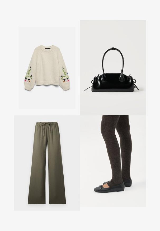 Pull en maille crème avec de longues manches bouffantes présentant des motifs floraux brodés colorés près des poignets.; Pantalon ample couleur vert olive avec taille élastique et lien à nouer, vue de face sur un fond uni.; Jambes portant des leggings côtelés foncés associés à des ballerines noires avec de petits détails en nœud sur fond blanc.; Petit sac à main noir brillant avec deux longues anses et des détails à cordon sur les côtés sur un fond clair uni.
