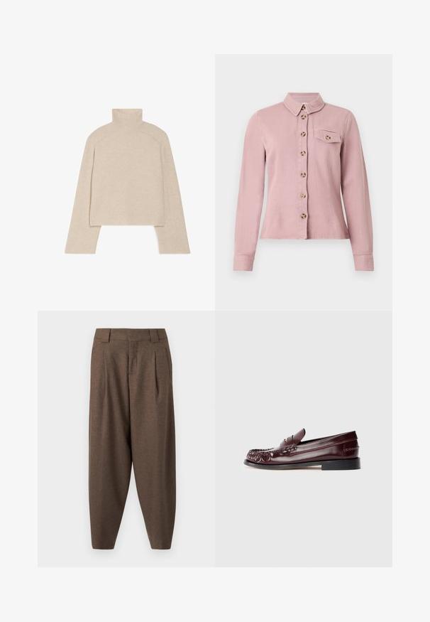 Beige ribbet turtleneck sweater med lange ærmer og en tætsiddende design, der har en høj krave og et tekstureret strikkemønster.; Lyserød langærmet skjorte med brune knapper foran, knaplukket brystlommeklaff og en lille krave på hvid baggrund.; Brune bukser med høj talje, indsnævrede ben, plisseringer, bæltestropper og sidelommer, lavet af tekstureret stof.; Burgunderfarvet læder penny loafer med sort sål og guldfarvet metal detalje på vamp, vist i sidevisning på hvid baggrund.