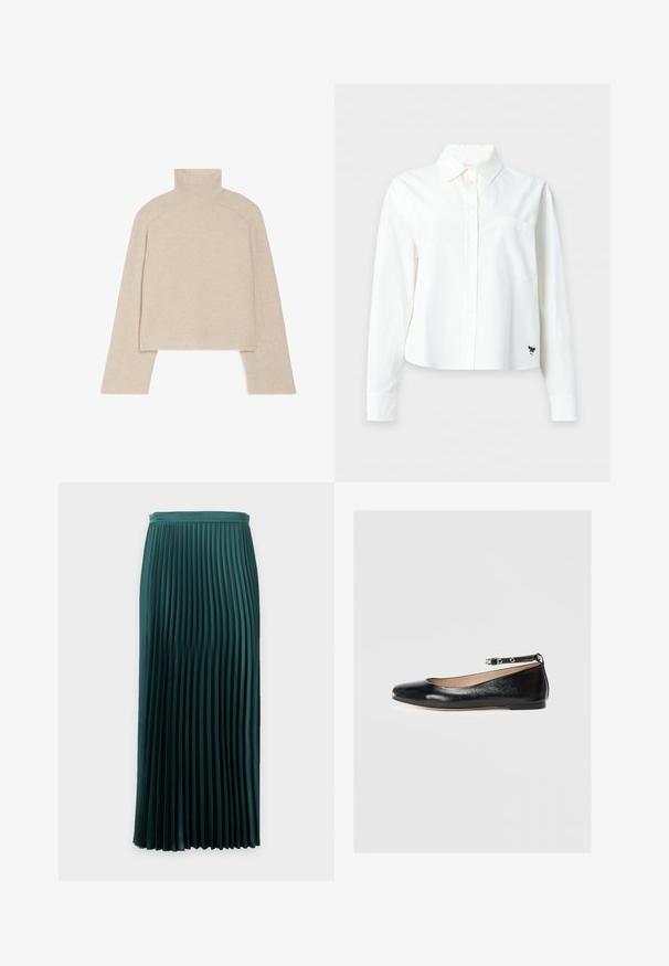Beige geribbelde coltrui met lange mouwen en een slimfit ontwerp, voorzien van een hoge kraag en een gestructureerd breipatroon.; Wit overhemd met lange mouwen, knopen, kraag, borstzak en klein zwart vlinderlogo vlak bij de onderzoom aan de rechterkant.; Donkergroene midi-plooirok met een aangesloten tailleband en gelijkmatig verdeelde verticale plooien.; Zwarte leren ballerina met een ronde neus, enkelbandje en lage hak. Glad textuur en minimalistisch ontwerp.