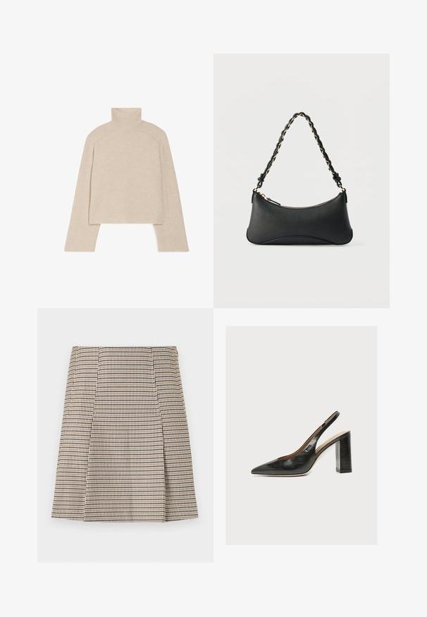 Beige geribbelde coltrui met lange mouwen en een slimfit ontwerp, voorzien van een hoge kraag en een gestructureerd breipatroon.; Bruin-zwart geruite knielange rok met een lichte A-lijnvorm en een knoopdetail aan de zijkant.; Zwarte leren dames slingbackpumps met spitse neus en dikke hoge blokhak op witte achtergrond.; Zwarte lederen schoudertas met een gebogen rechthoekige vorm, gouden ketting verweven in een gevlochten zwarte band, en een ritssluiting bovenop.