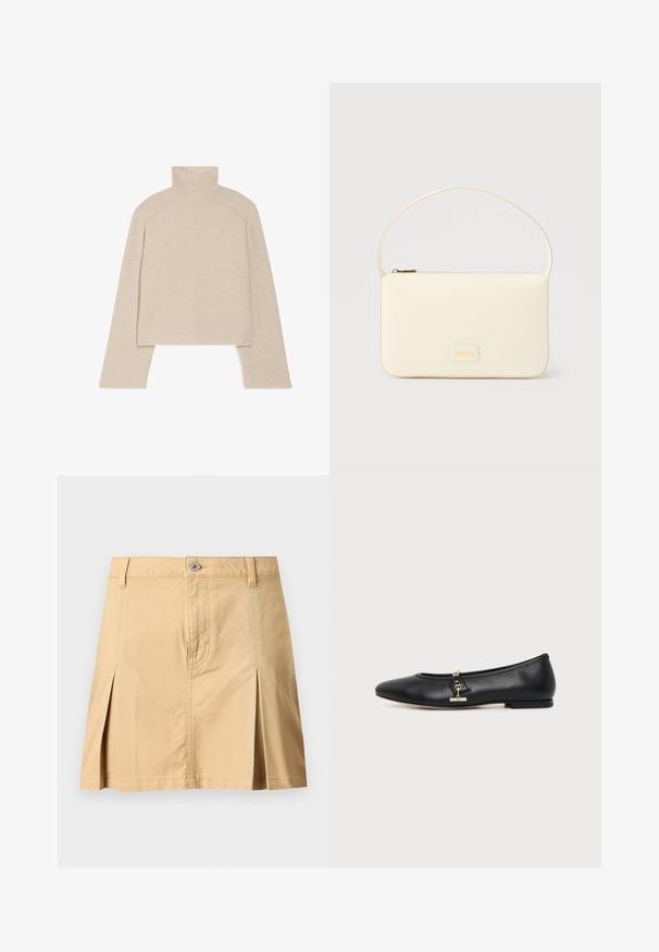 Pull col roulé beige à côtes, avec des manches longues et une coupe ajustée, présentant un col haut et un motif de tricot texturé.; Jupe beige longueur genou avec passants de ceinture, fermeture à boutons sur le devant, deux plis avant et coutures visibles sur fond uni.; Chaussure plate en cuir noir avec bout arrondi et petit détail de boucle dorée sur le côté, présentée sur un fond clair uni.; Sac à main rectangulaire de couleur crème avec une seule sangle et une fermeture éclair sur le dessus, comportant une petite plaque de logo embossé à l'avant.