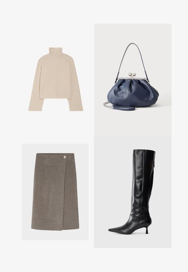 Beige ribbet turtleneck sweater med lange ærmer og en tætsiddende design, der har en høj krave og et tekstureret strikkemønster.; Uldnederdel i knælængde i dæmpet taupe med overlappende frontpanel, der er fastgjort med en enkelt blank sølvknap ved taljen.; Sorte læder knæhøje støvler med spids tå og slank buet hæl. Glat tekstur, tætsiddende design og ingen synlig hardware eller mønstre.; Blød navyblå læderhåndtaske med sølv lukning, enkelt skulderrem og aftagelig kæde til håndleddet på hvid baggrund.